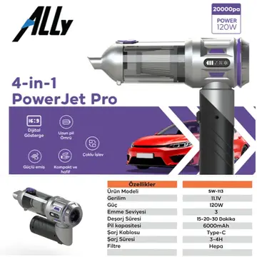 ALLY Powerjet Pro 20000pa Güçlü Portatif 3 Kademeli Tasinabilir Vakumlu Kablosuz Üflemeli Mini Araç Süpürgesi