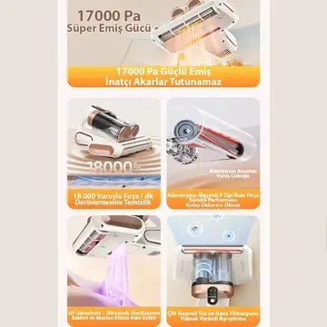 Ezere DustAway 17000Pa Güçlü Kablosuz Akar ve Toz UV Işıklı Yatak ve Koltuk Temizleyici