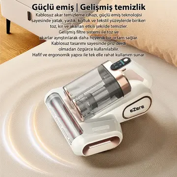 Ezere DustAway 17000Pa Güçlü Kablosuz Akar ve Toz UV Işıklı Yatak ve Koltuk Temizleyici
