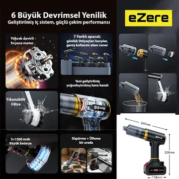 EZERE ST-6609C 20000pa Güçlü Dijital Göstergeli Vakumlu Kablosuz Üflemeli Araç Süpürgesi