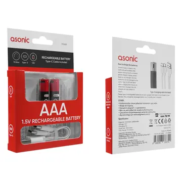 ASONIC PL1400 AA Şarjlı Pil 1.5Volt 1400mAh/2600mwh Type-C ile Kolay Şarj  2 li Paket (USB To Type-C Kablo Hediye)(1923)