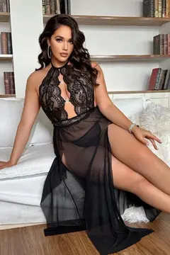 Uzun Gecelik Yırtmaçlı Dantel Göğüs detaylı Sık Romantik Kadın Gecelik