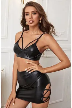 Kadın Seksi Biye Detaylı Deri Etek Sütyen İkili Kostüm Takım