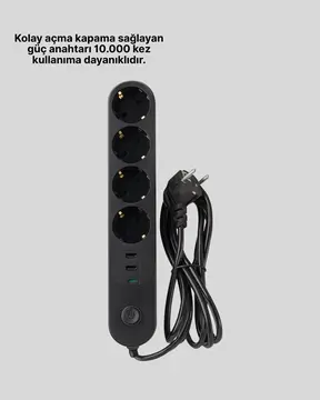 4’lü Çoklu Priz 2 USB Type-C Girişli Akım Korumalı Siyah