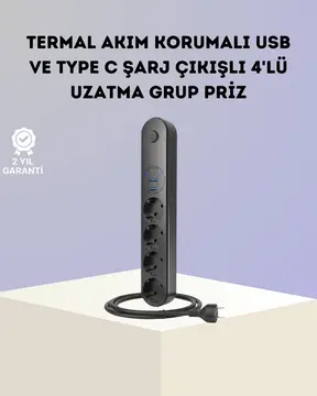 Akım Korumalı Çoklu Priz 4’lü 2 USB 1 Type-C 2500W Güçlü Tasarım