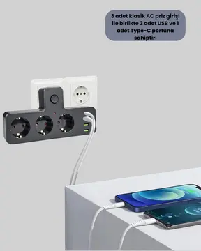 7 Portlu Çoklu Priz USB ve Type-C Girişli Akıllı Güç Ünitesi