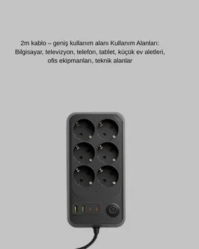 2500W Güçlü 6’lı Priz USB ve Type-C Çıkışlı Termal Korumalı