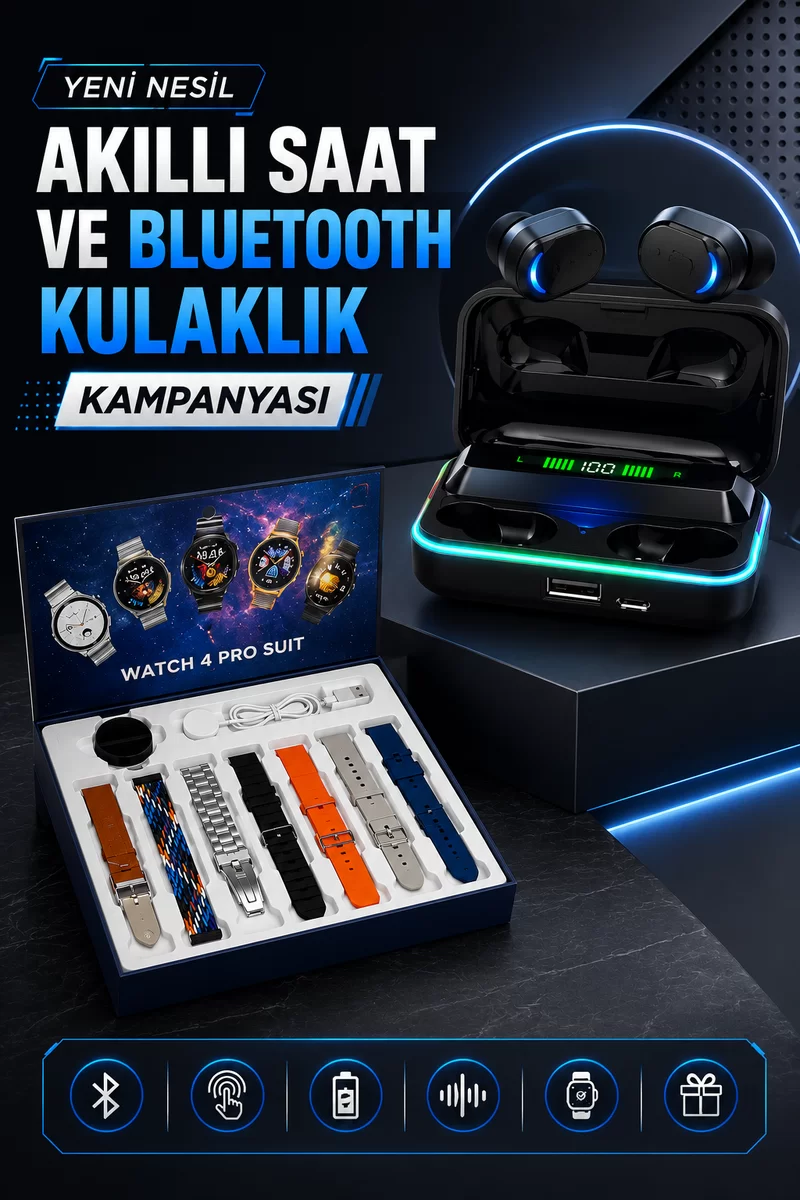 Powerbank Bluetooth Kulaklık Ve Akıllı Saat 7 Kordonlu Metal Kordon Plastik Kordon