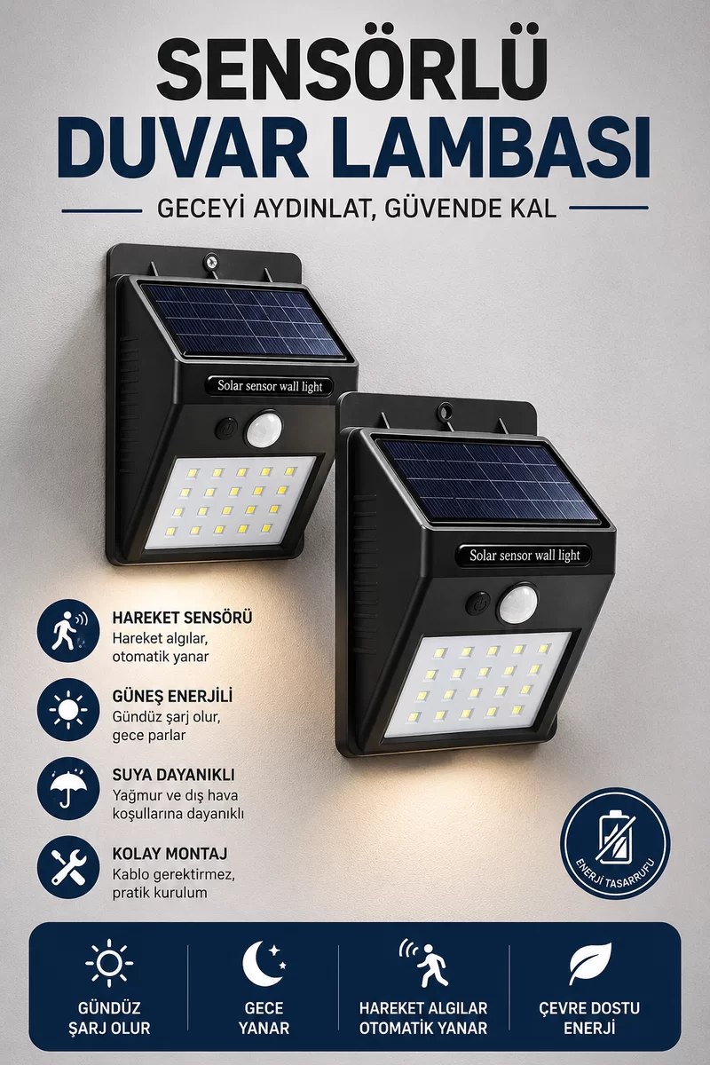 Solar Sensörlü Duvar Lambası Bahçe Lamba 20 Led Işık