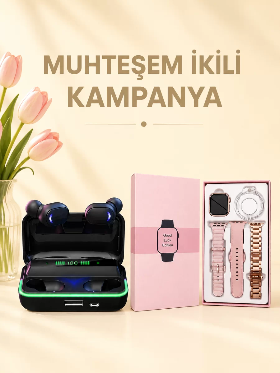 Kadınlara Özel Bileklik Hediyeli Akıllı Saat ve Dijital Göstergeli ANC Özellikli Bluetooth Kulaklık