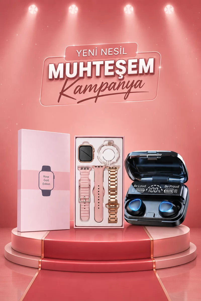 Aksesuar Hediyeli Akıllı Saat ve Dijital Göstergeli Powerbankli Bluetooth Kulaklık