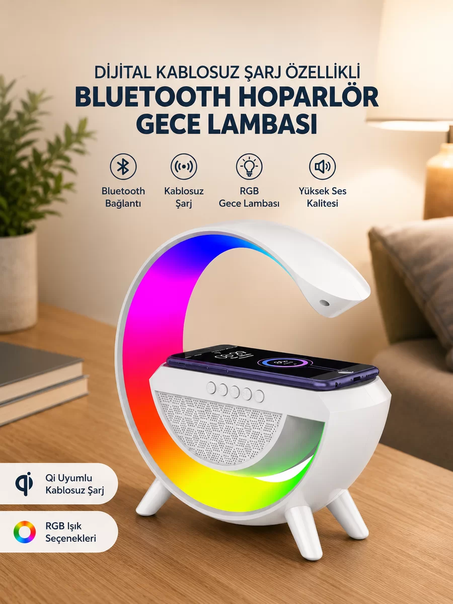 Google Dijital Kablosuz Şarj Özellikli Bluetooth Hoparlör Gece Lambası