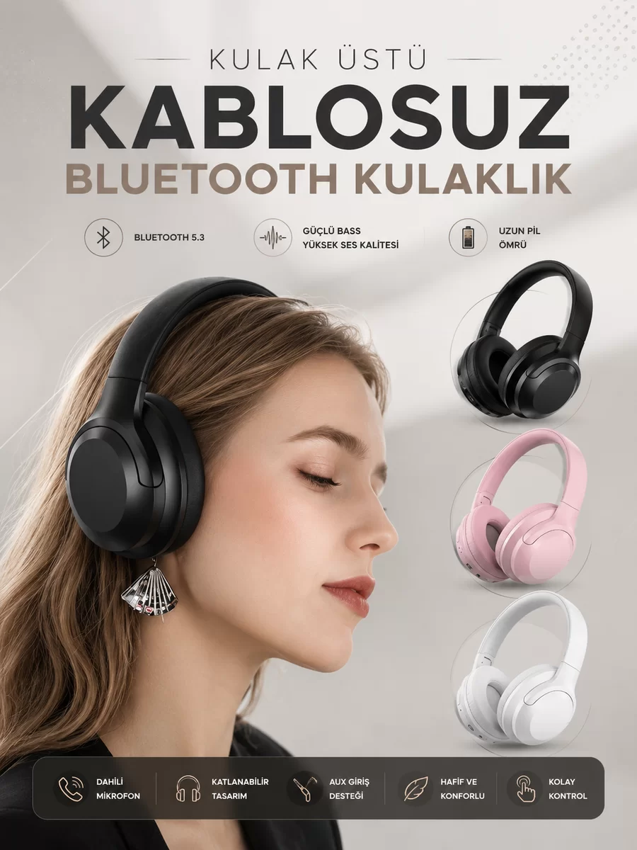 Kablosuz Bluetooth Kulaklık ANC/ENC Destekli Kulak Üstü Yüksek Ses Kaliteli