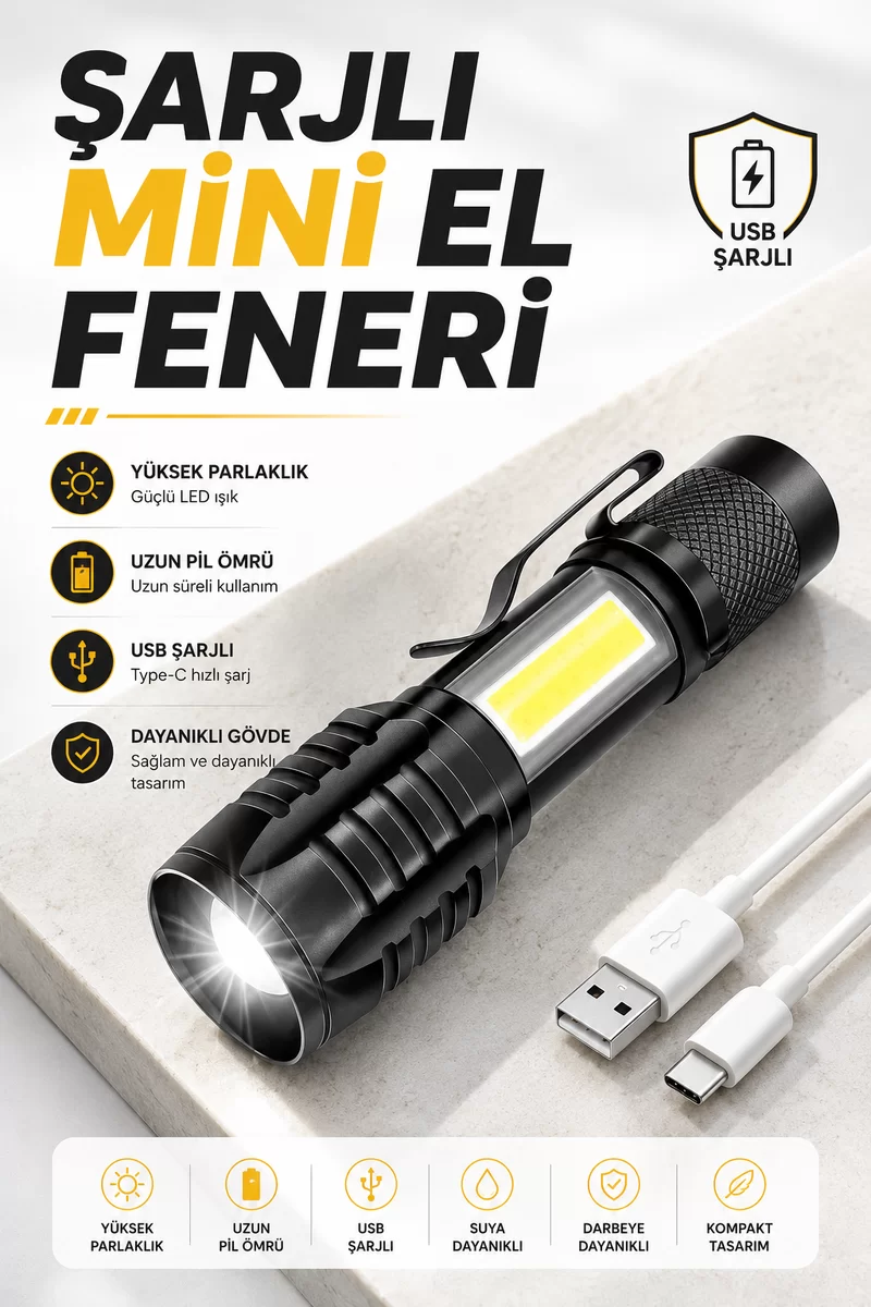 El Feneri Led USB Şarjlı Zoom Mini Led Işık Acil Durum Feneri