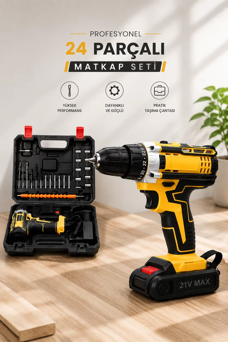 Metal Dişli 24W Akülü Matkap -Çift Bataryalı ve LED Çalışma Işığı ile Tam Set
