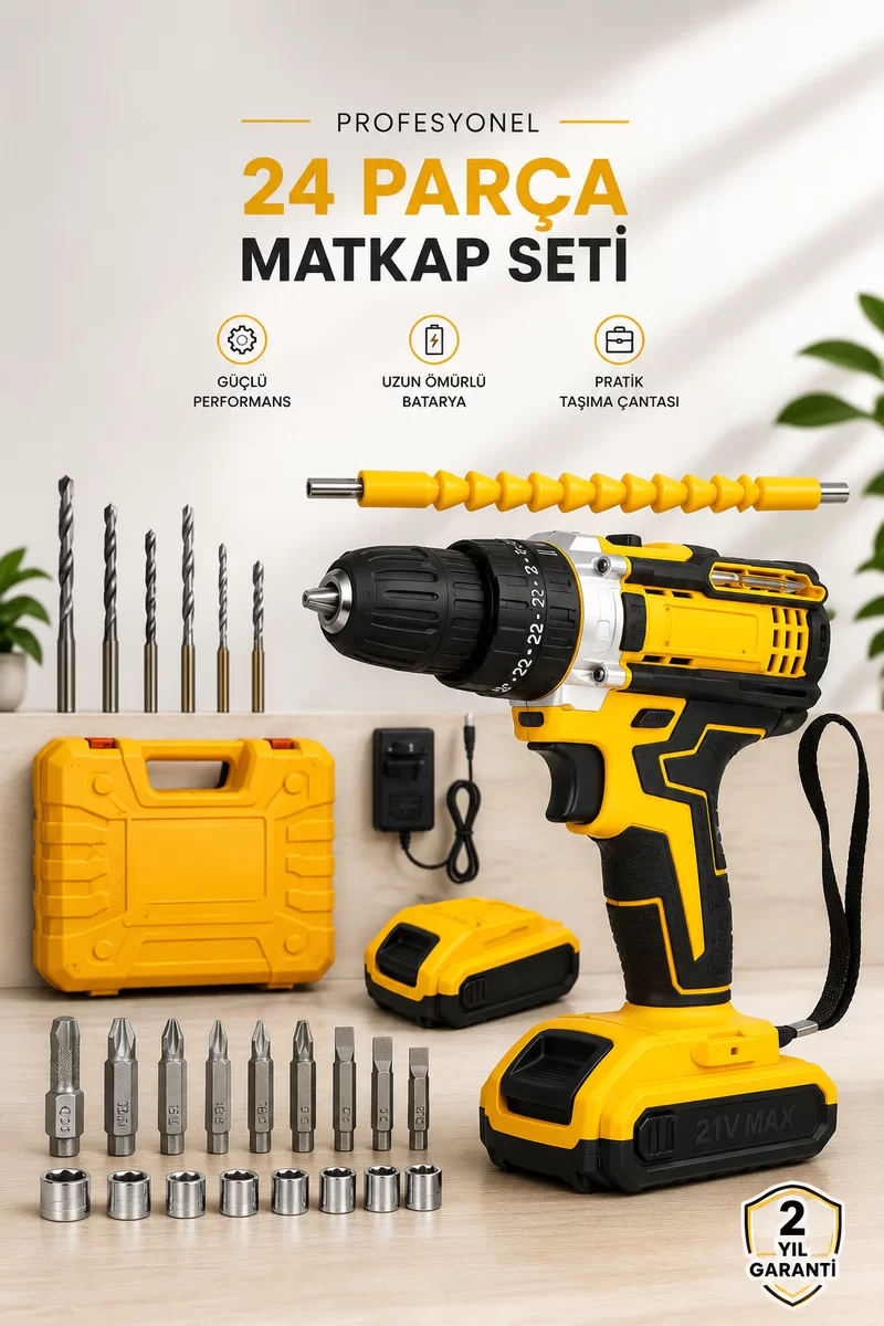 24 Parça Çift Bataryalı Şarjlı Matkap Seti 24W Motor ve Otomatik Mil Kilitli Tasarım