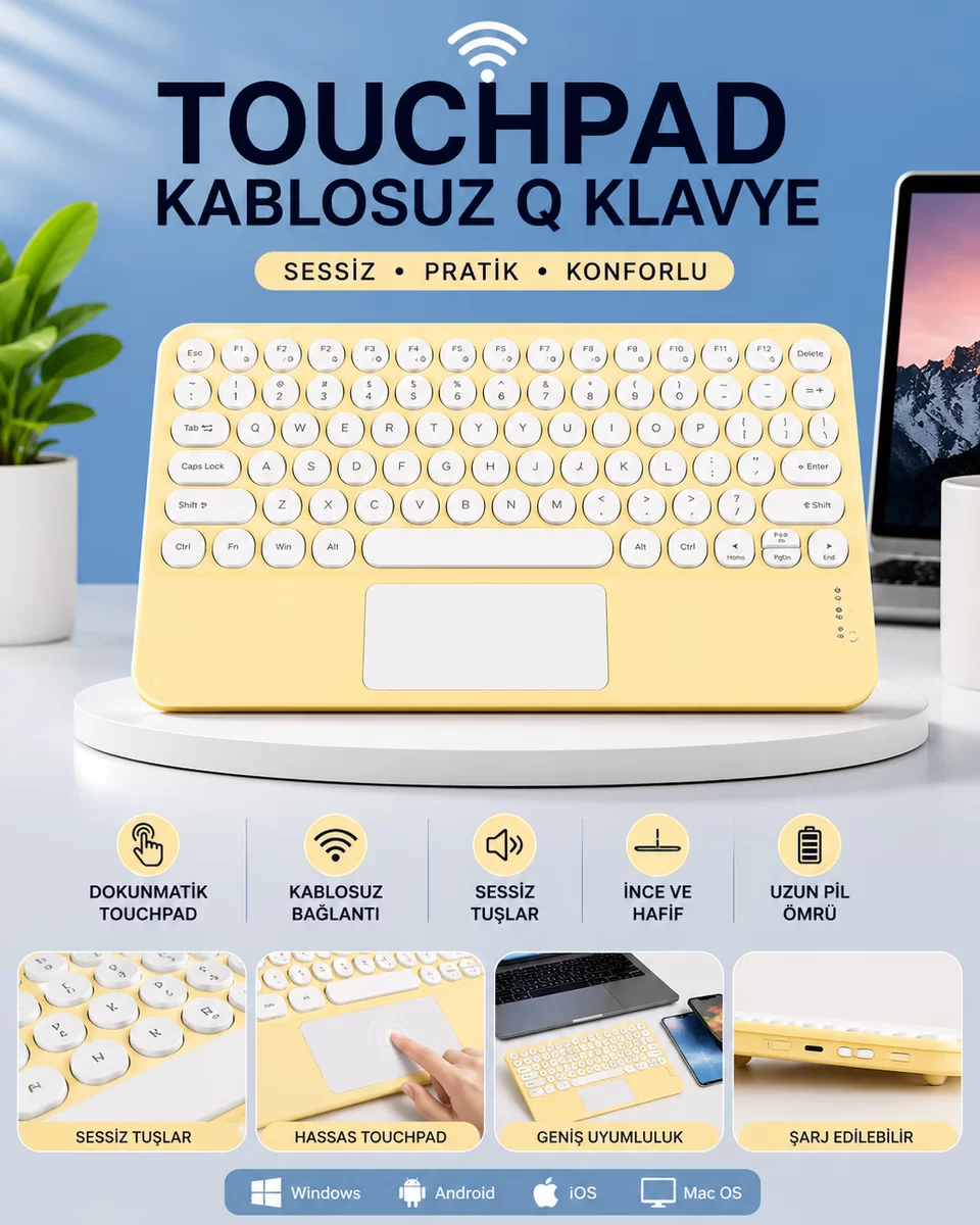Touchpad Tüm Cihazlara Uyumlu Bluetooth Klavye Touchpad Slim Kablosuz Wifi Q Klavye