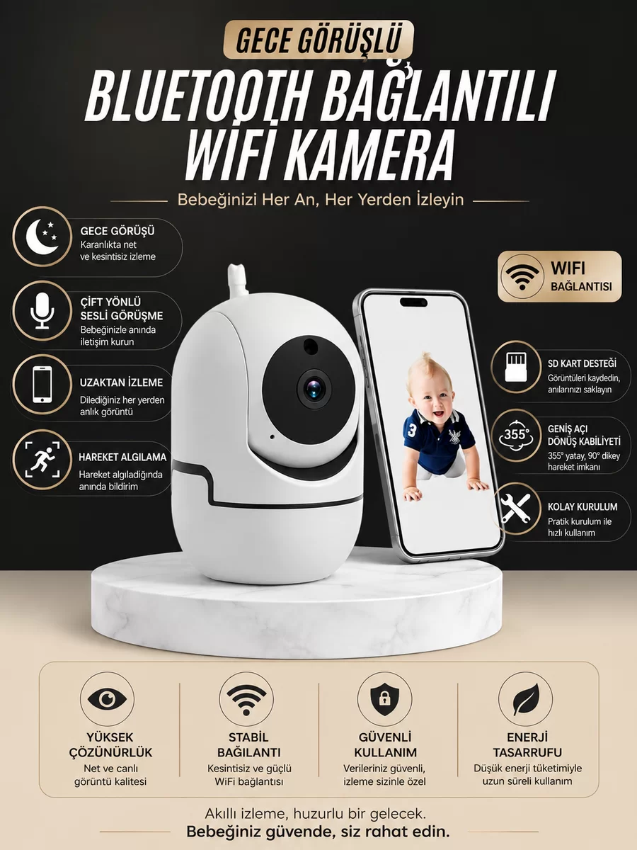 Gece Görüşlü Bebek Kamerası  Telefondan Canlı Takip Özellikli