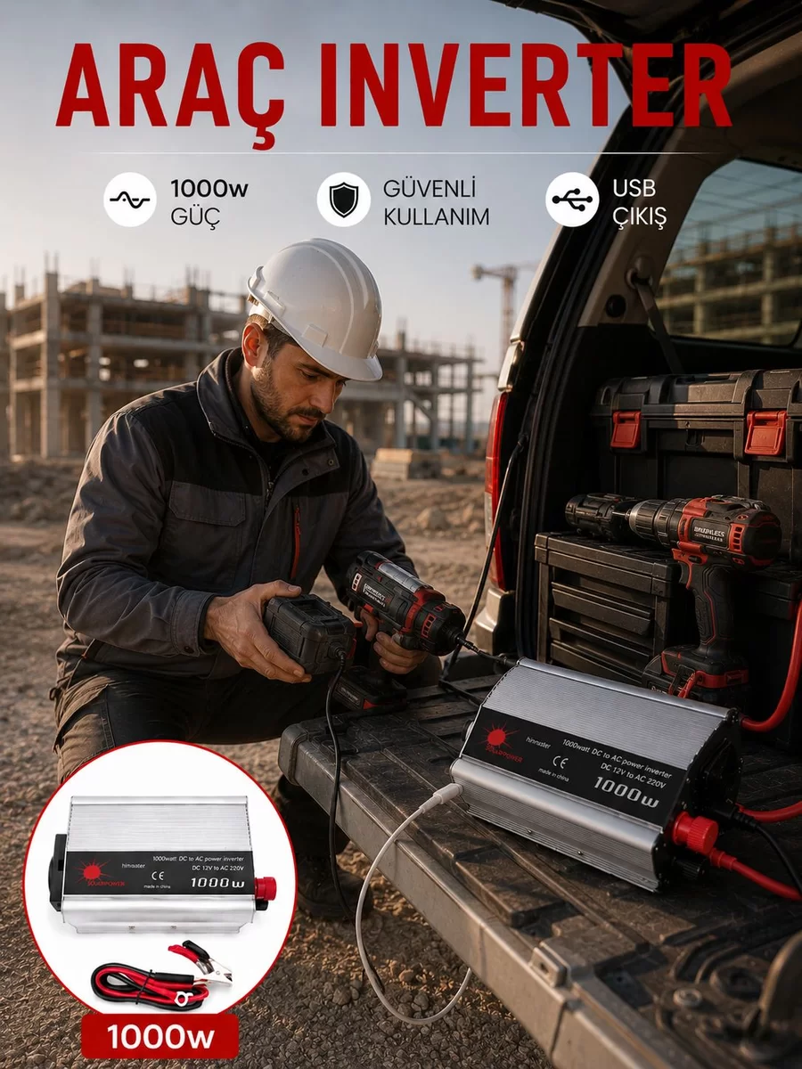 Araç Aküsünden Güvenli Elektrik Sağlayan 1000 Watt İnverter