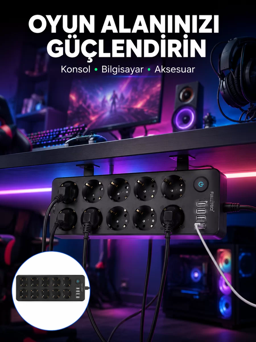 USB ve Type-C Çıkışlı 10'lu Akım Korumalı Çoklu Priz Güç Dağıtıcı