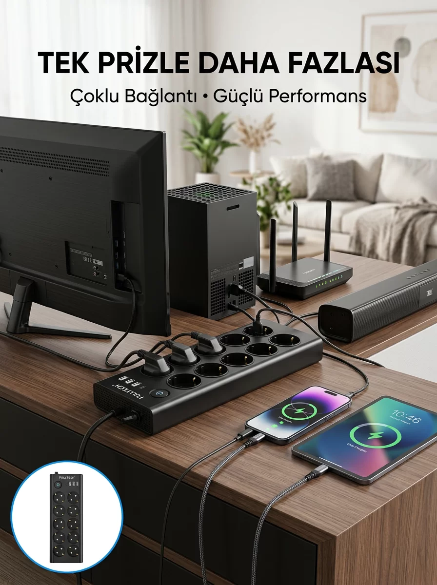 10 Prizli USB Destekli Çoklu Priz Type-C Şarj Girişli Güvenli Güç Ünitesi