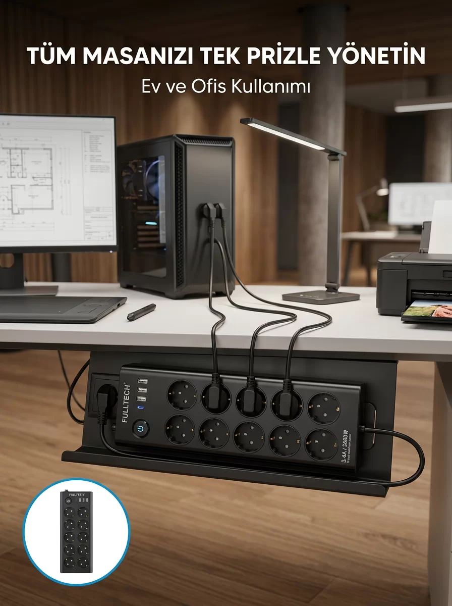 USB ve Type-C Şarj Özellikli 10'lu Çoklu Priz