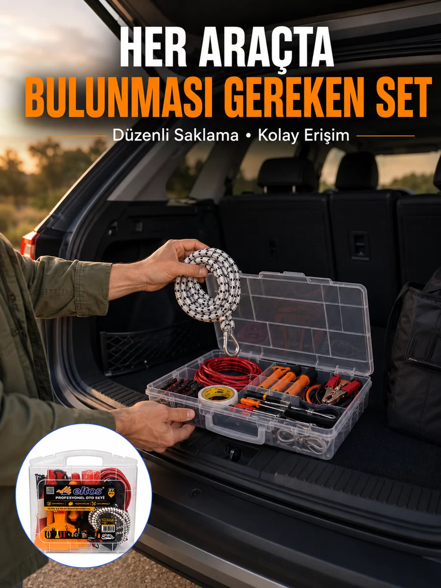 27 Parça Oto Güvenlik ve Bakım Seti Şeffaf Taşıma Kutulu Araç Ekipman Çantasız