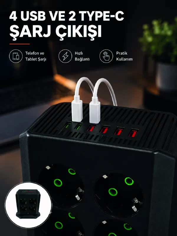 8'li Dikey Çoklu Priz 4 USB 2 Type-C Akım Korumalı Anahtarlı Priz