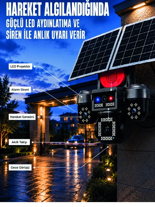 4 Kameralı 4G SIM Kart Destekli Güneş Enerjili Akıllı Güvenlik Kamerası