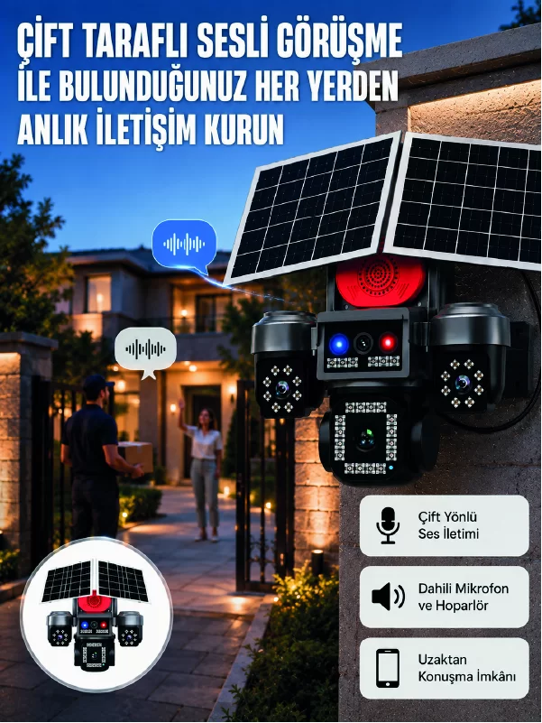 LED Projektörlü Sirenli Güneş Enerjili Akıllı Güvenlik Kamerası