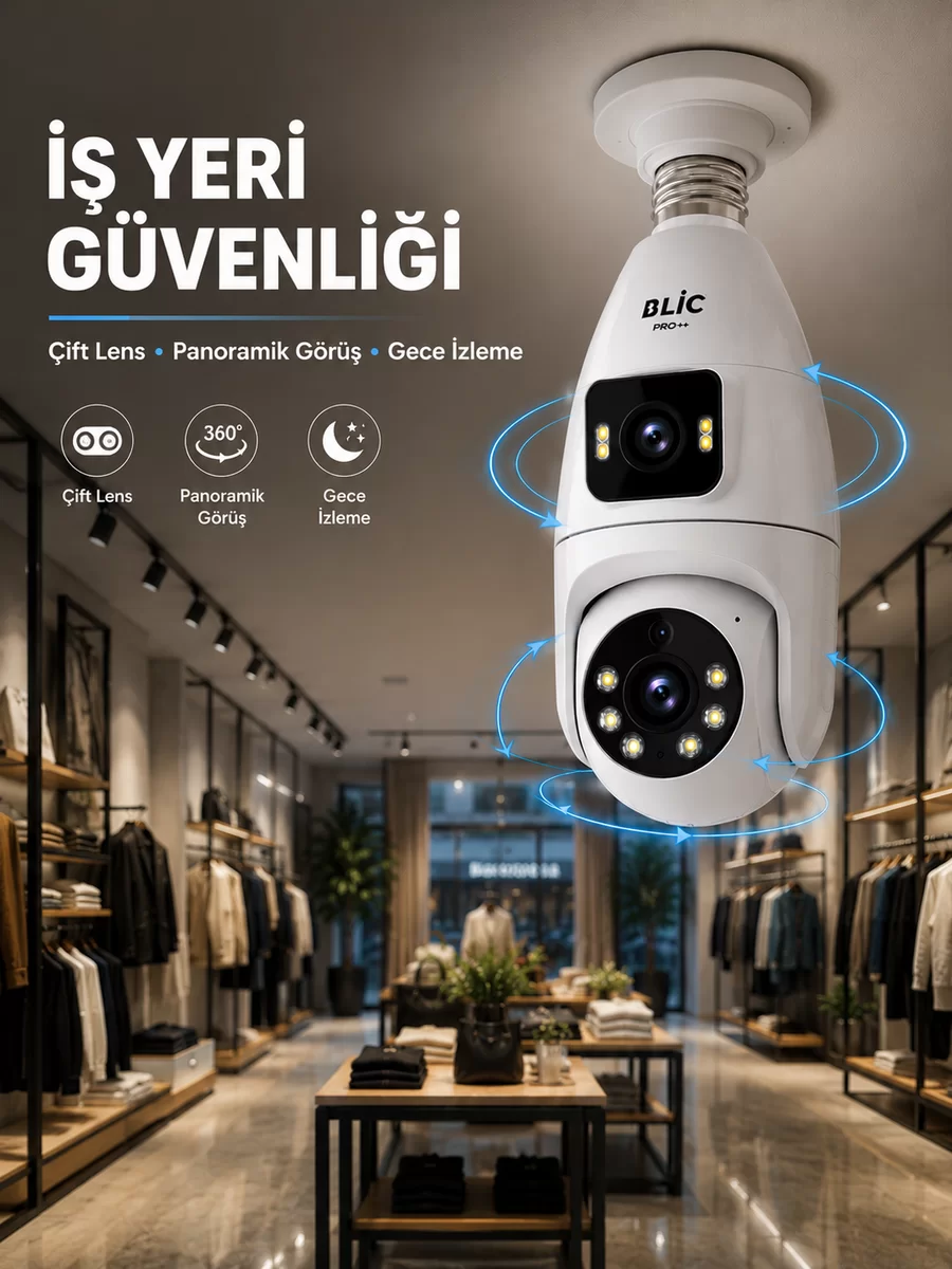 Wi-Fi Çift Lens Ampul Kamera  Akıllı Ev Güvenliği