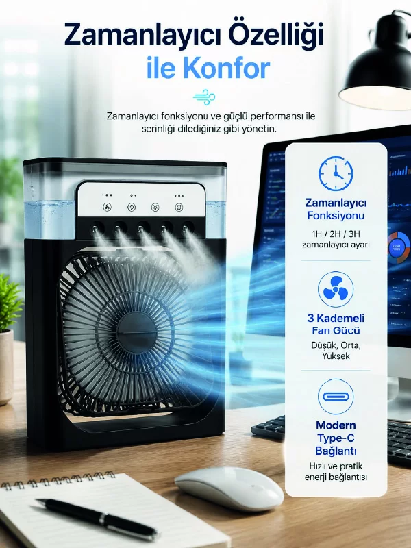 Su Hazneli Püskürtmeli Fan 1-3-5 Püskürtme Seçeneği Type-C Güç Girişi