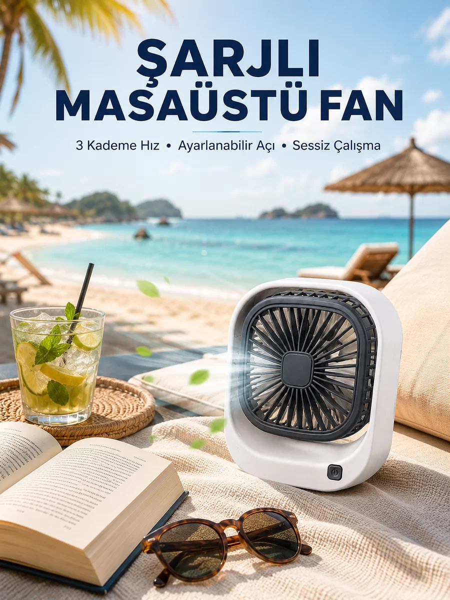 Şarjlı Masaüstü Fan 3 Kademeli Hız Ayarlı Güçlü Hava Akışı