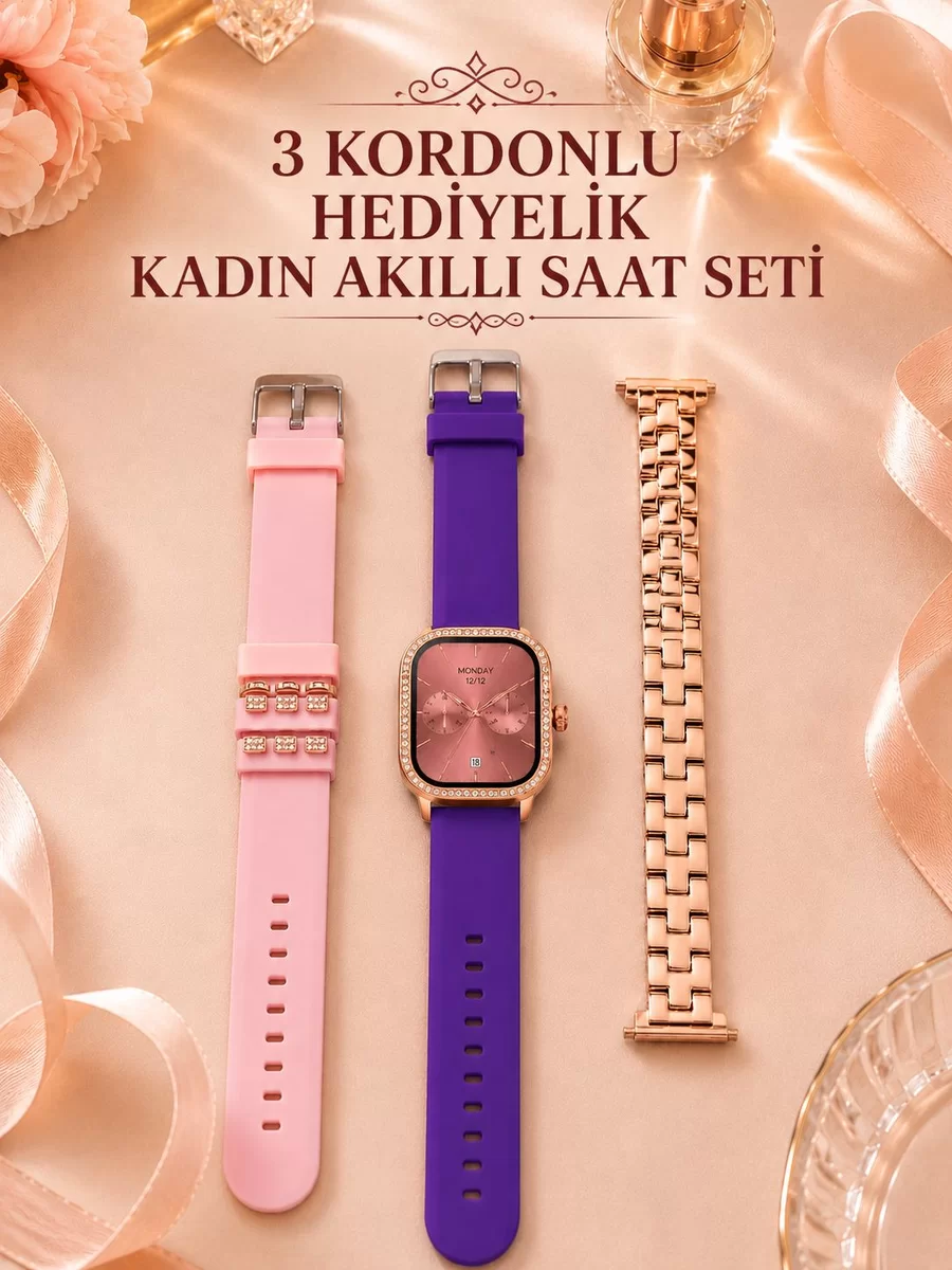 3 Kordonlu Rose Gold Kasalı Kadın Akıllı Saat Seti