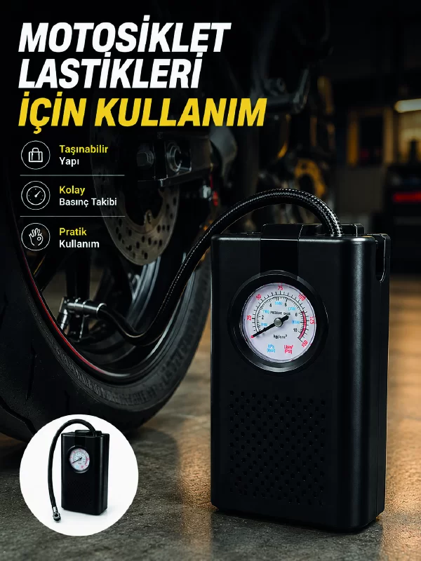 Araç Lastik Şişirme Pompası Taşınabilir Analog Basınç Göstergeli Hava Kompresörü