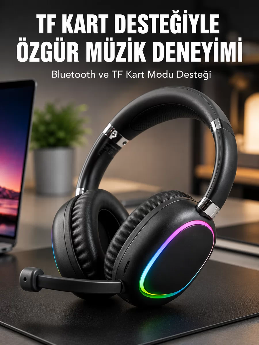Mikrofonlu Bluetooth Kulak Üstü Kulaklık RGB Aydınlatmalı Type-C Şarjlı