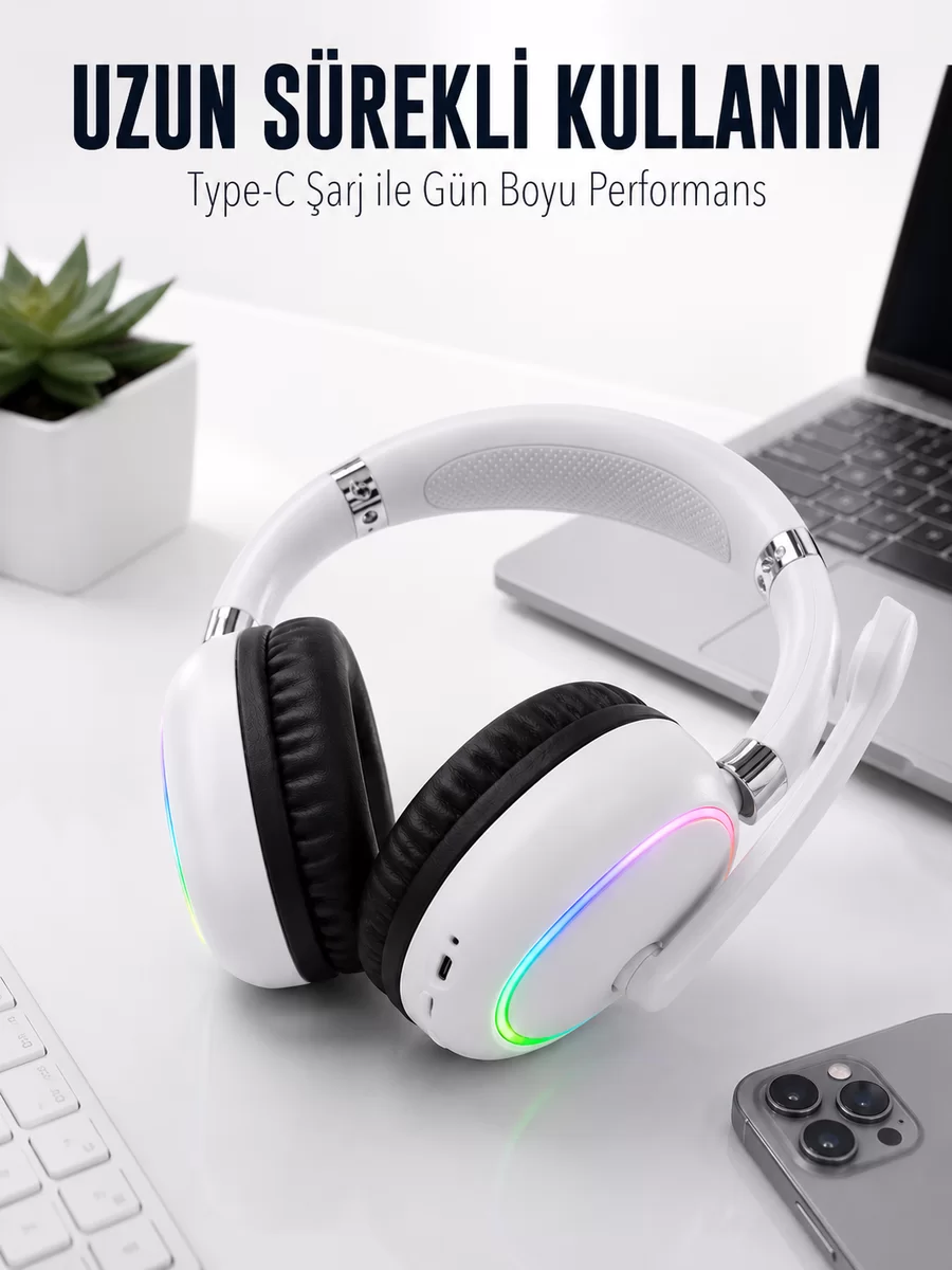 Beyaz Bluetooth 5.0 Mikrofonlu Kablosuz Kulak Üstü Kulaklık RGB Işıklı Type-C Şarjlı