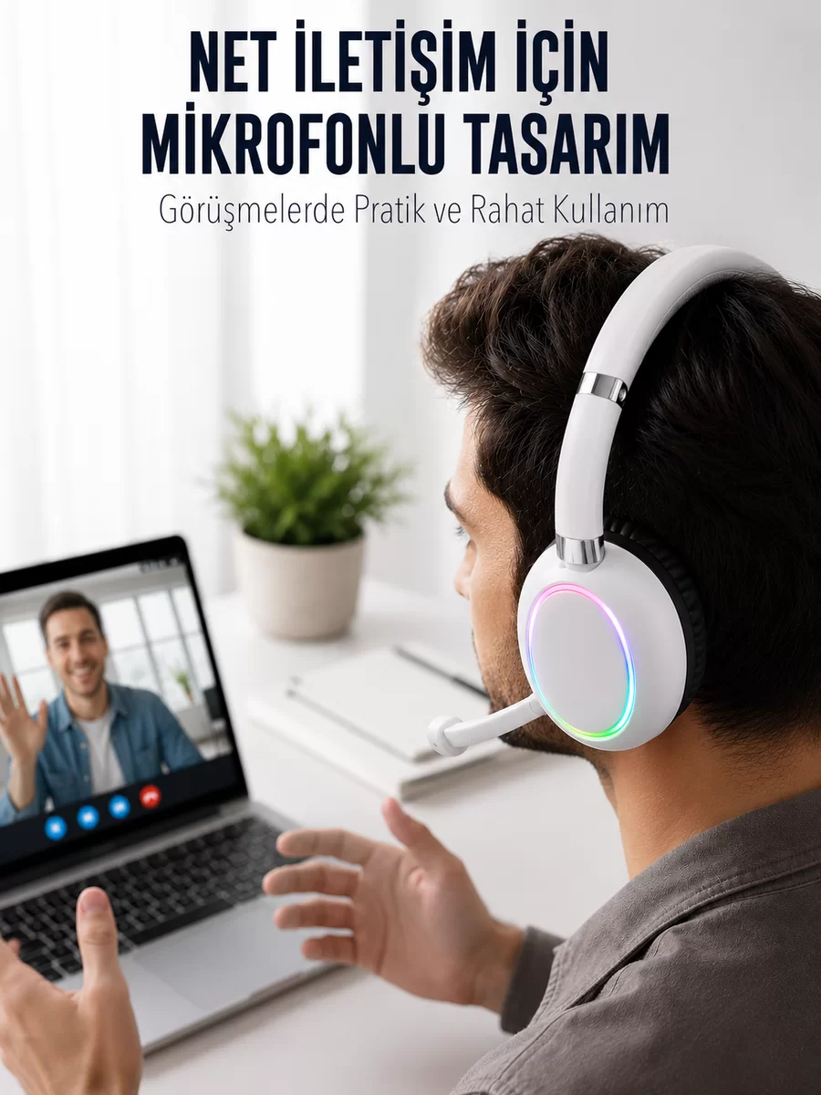 Bluetooth 5.0 Beyaz Kulak Üstü Kablosuz Kulaklık Mikrofonlu RGB Aydınlatmalı