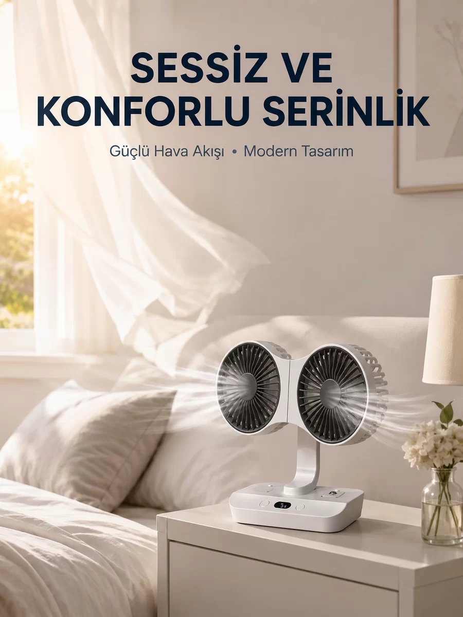 Duvara Monte Edilebilen Çift Başlıklı Sessiz Masa Fanı