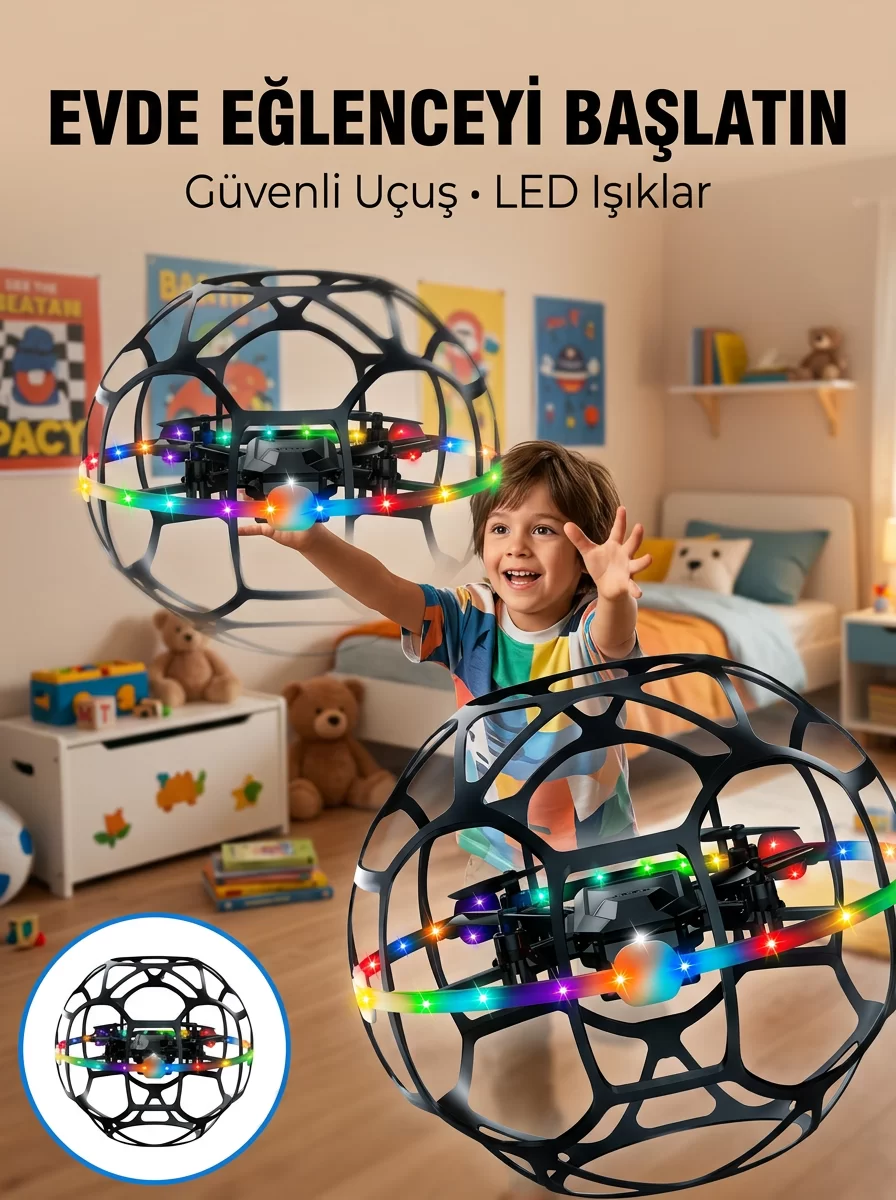 El Hareketi Kontrollü Futbol Topu Tasarımlı Drone LED Işıklı