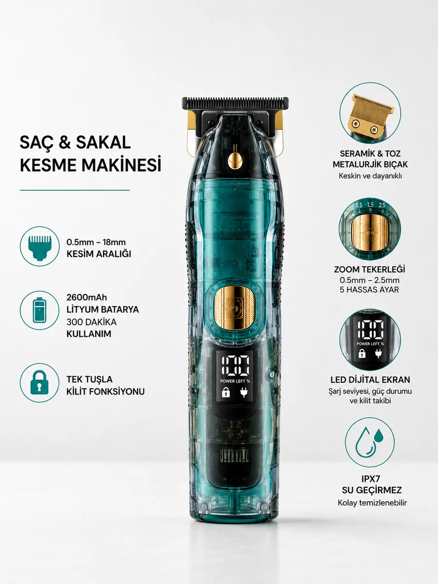 Saç ve Sakal Kesme Makinesi LED Ekranlı Profesyonel  5 Adet Uzunluk Ayarı