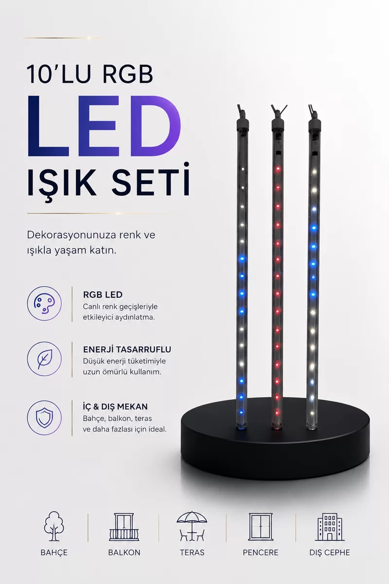 Dekoratif Ortam Aydınlatması RGB LED 10’lu Çubuk Seti