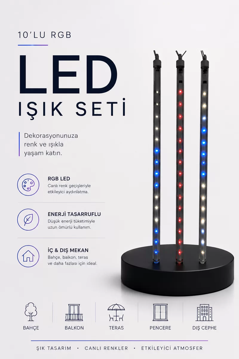 RGB LED Dış Ve İç Mekan Süsleme Işığı 10 Çubuklu Şerit