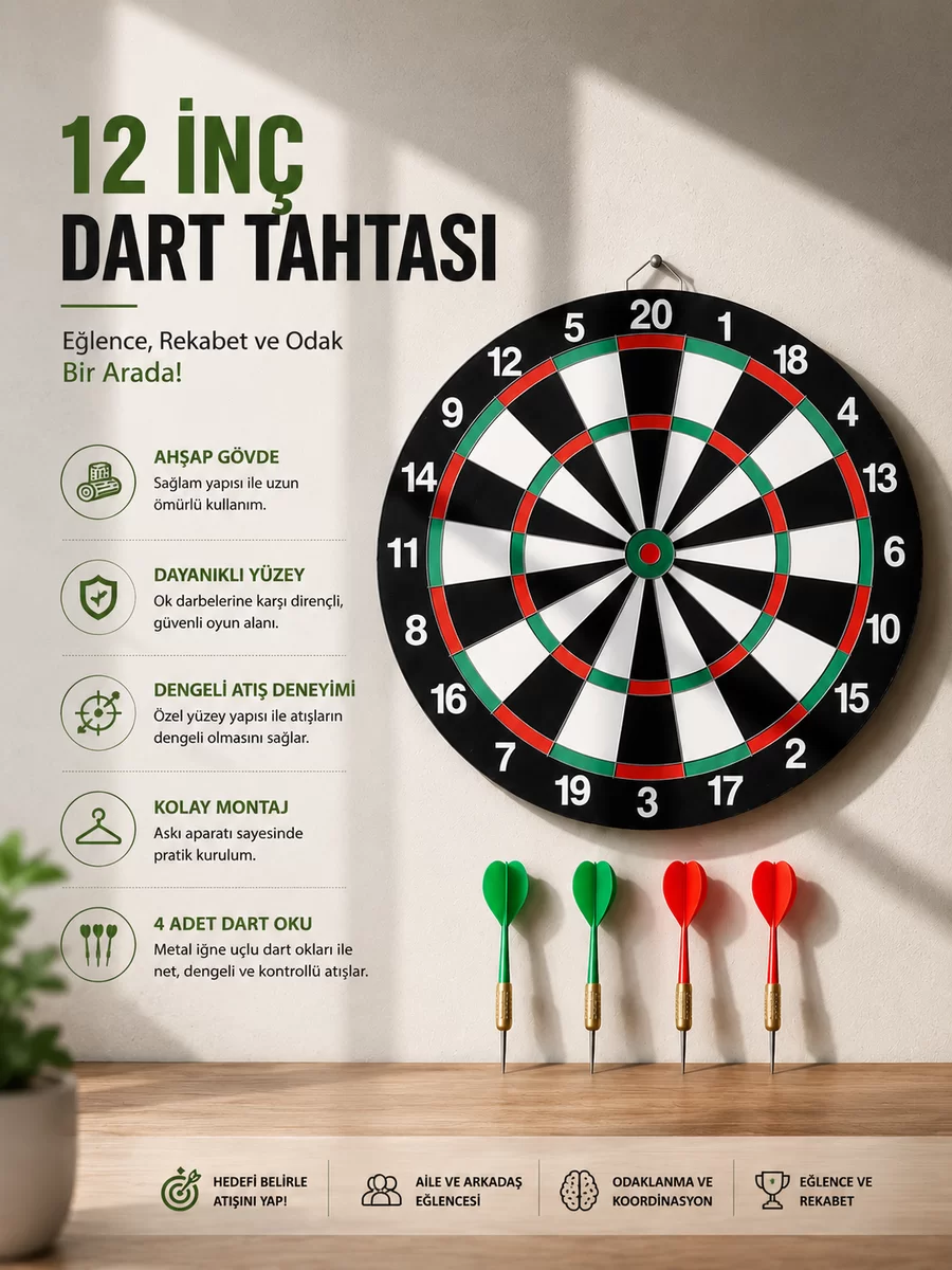 12 İnç Ahşap Dart Tahtası 4 Adet Metal Uçlu Dart Oku Dahil