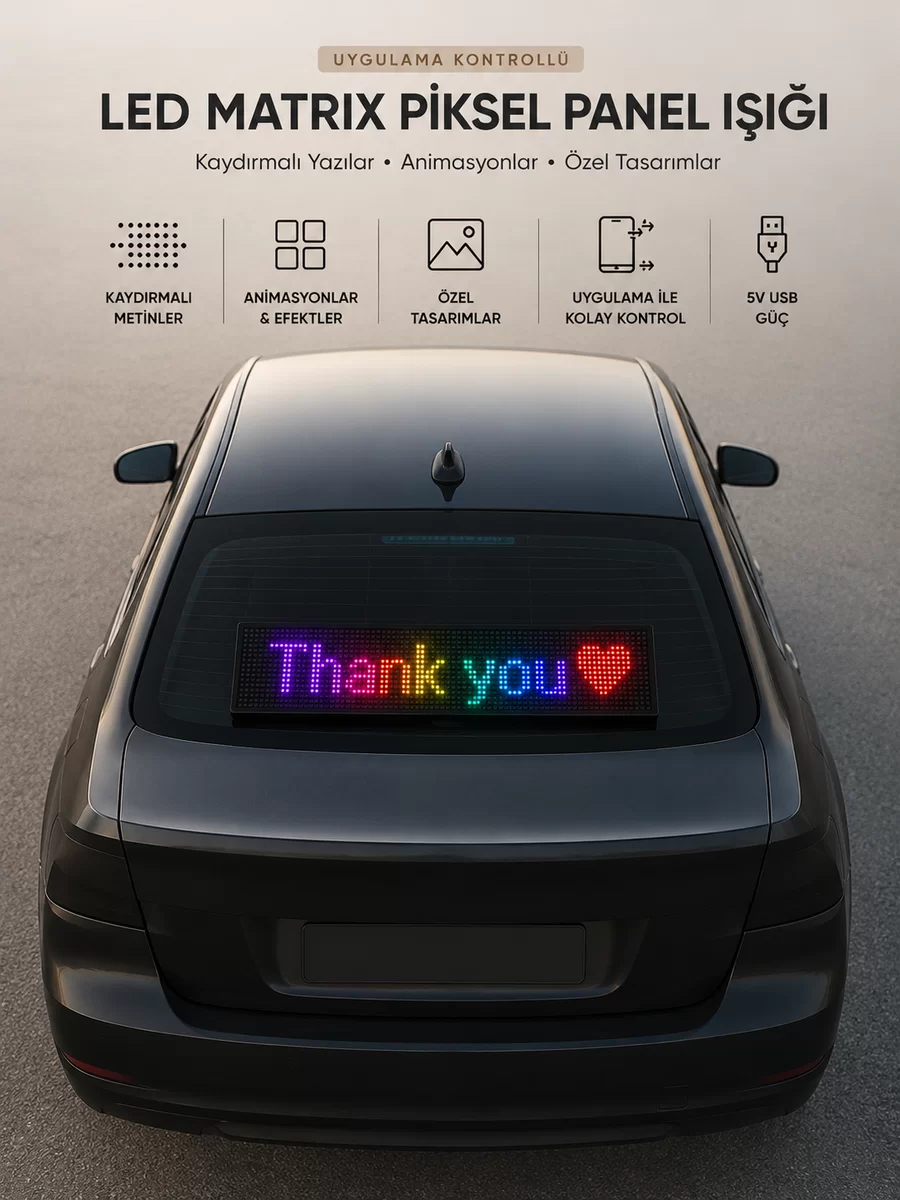 LED Matrix Piksel Panel Işığı USB Uygulama Kontrollü Kaydırmalı Yazı Ekranı