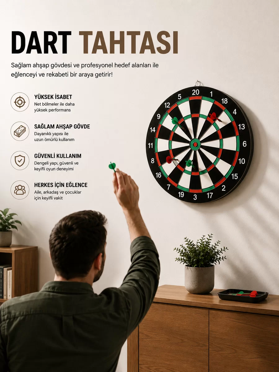 17 İnç Dart Tahtası Sağlam Ahşap Gövde ve Uzun Ömürlü Kullanım