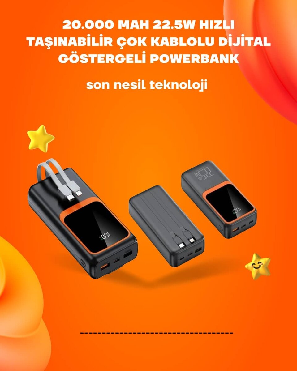 Powerbank 20000 mAh | 22.5W Hızlı Şarj Dahili Kablolu LCD Ekranlı Şarj Cihazı
