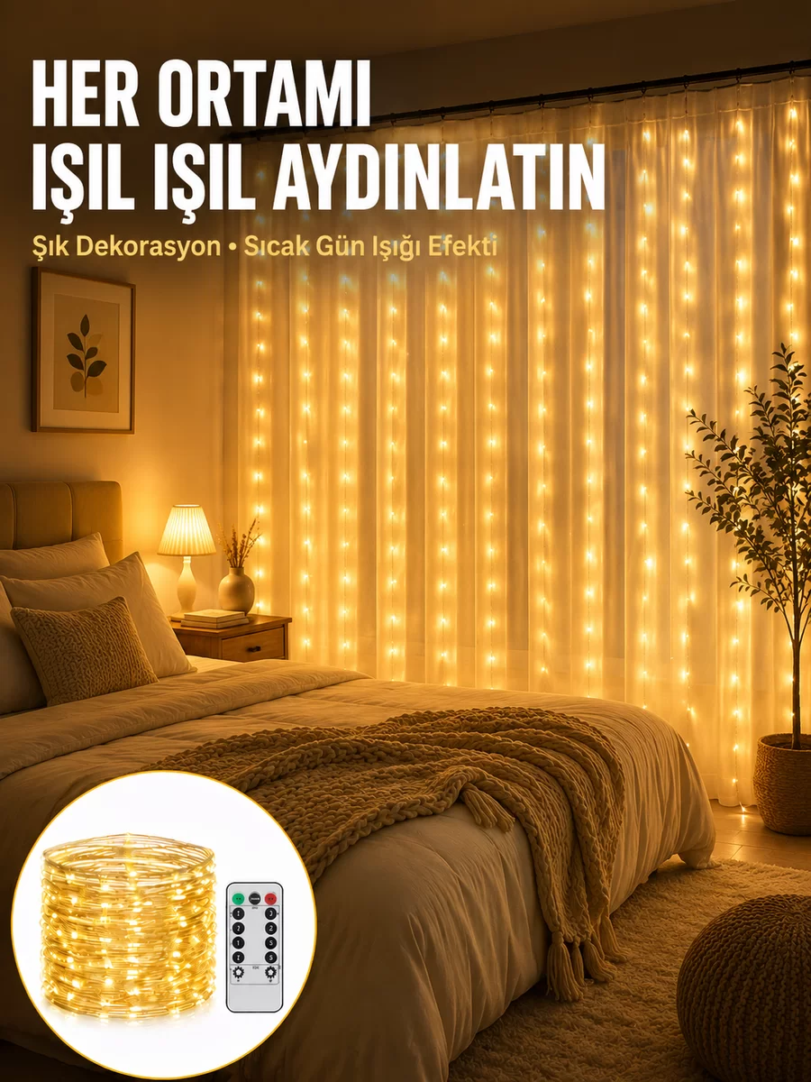 Dekoratif Perde Peri Led Günışığı Renk 8 Fonksiyonlu Işık Yeni Nesil