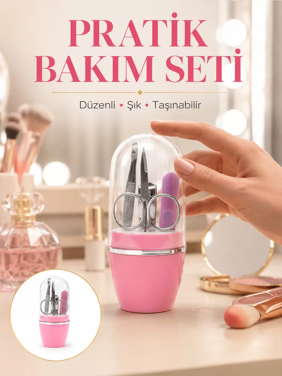 Tırnak Bakım Manikür Pedikür Seti 4 Parça Pembe Ev ve Seyahat Uyumlu Yeni Nesil