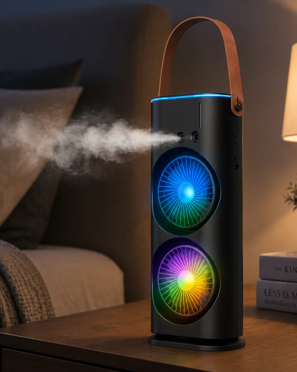 USB Şarjlı Çift Başlıklı Buharlı Masaüstü Fan Sessiz Serinletici Işıklı Fan